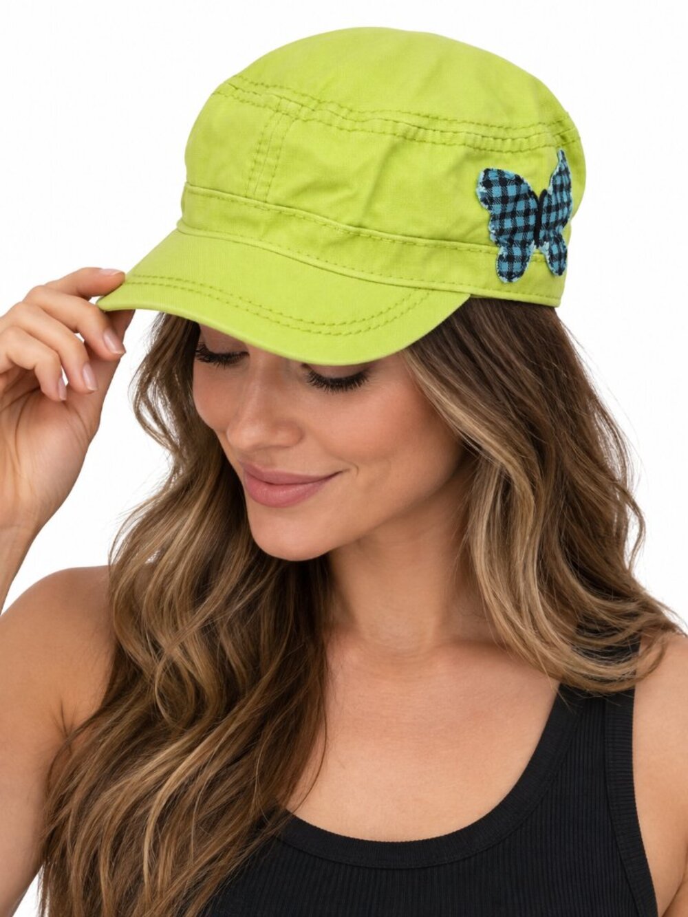 LIFE IS GOOD Newsboy Cadet Cap Lime Blue Plaid OS Butterfly Adjustable Y2K 90